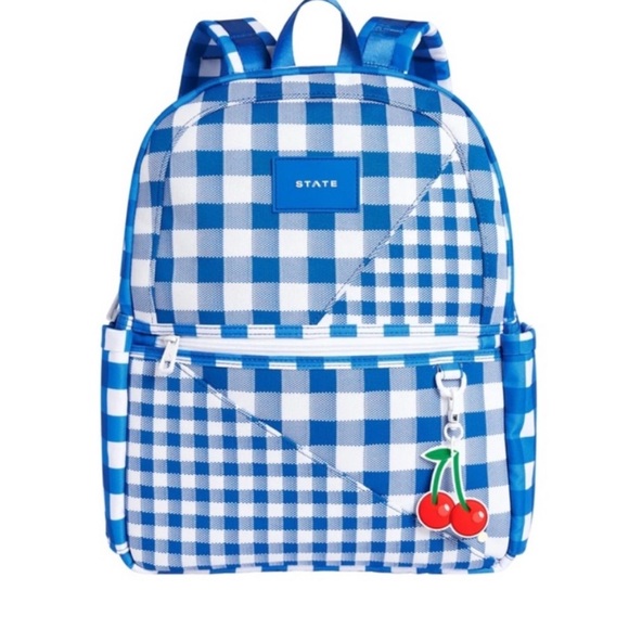 NWT State Backpack Intarsia Kane Kids Blue Gingham Gingham Cherry Bag Charm - Picture 1 of 9